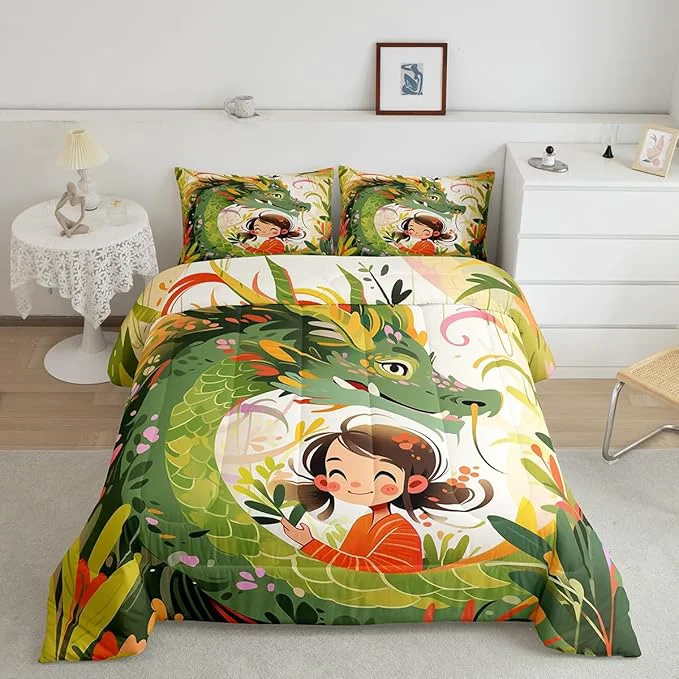 Smart Dragon Bedding Set Nature Botanical Floral Leaves Comforter Set King Size for Kids Boys Girls Green Pink Western al Quilt Set Room Decor Wild Animals Cartonn Cute Style Duvet Insert 2 Pillowcases Fast