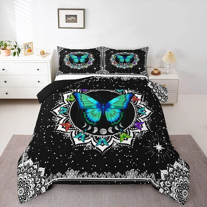 Organic Erosebridal Butterfly Bedding Set Queen Size Galaxy Duvet Set Starry Sky Comforter Sets Boho Colorful Wild Animals Down Comforter for Moth Moon All Season Mandala Black White Duvet Set Detailed