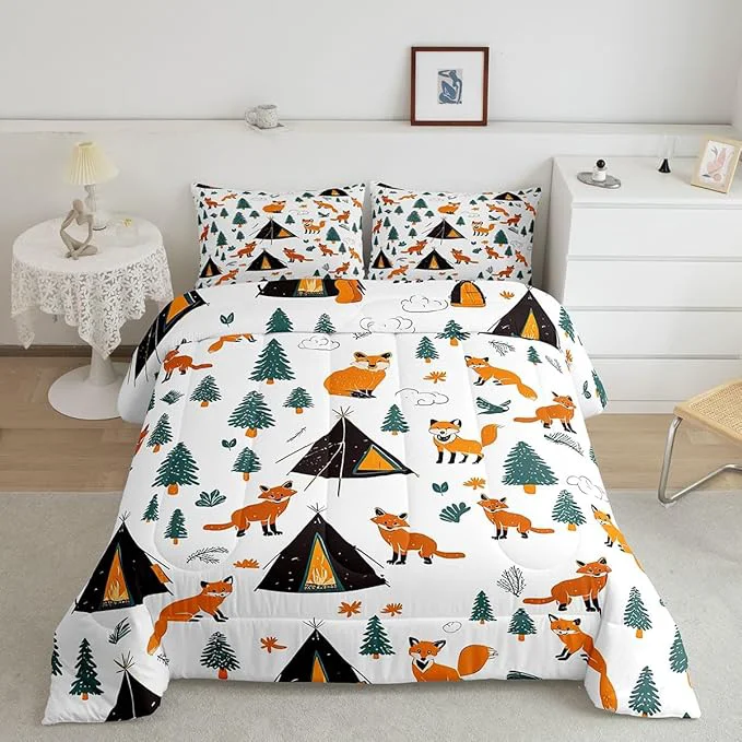 Superior Feelyou Camping Comforter Set Queen Size Fox Comforter Camper Accessories for Travel Trailers Bedding Set Cute Duvet Set Room Decor Wool White Quilt Set Elegant