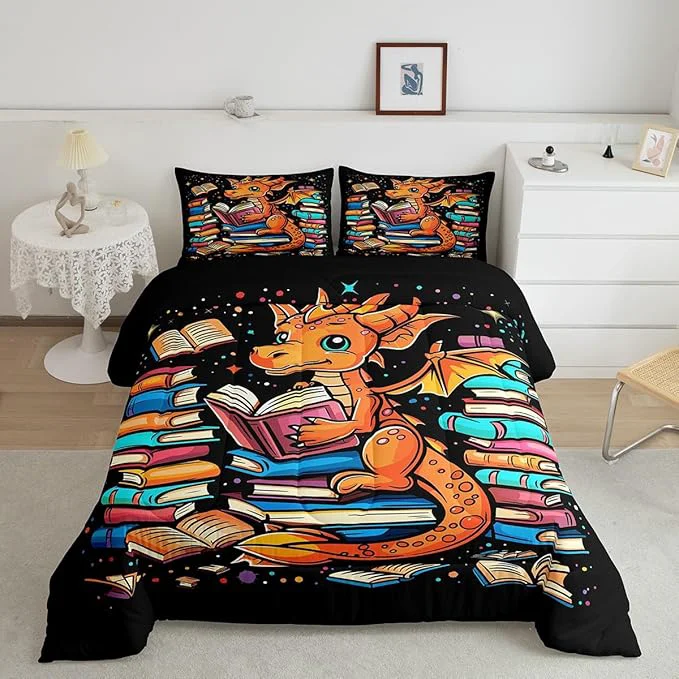 Elite Western Dragon Comforter Set Queen Size Glitter Star Polka Dot Bedding Set for Kids Boys Girls Room Decor Book Cartoon Animal Pattern Duvet Insert 3Pcs Wildlife Black Quilt Set 2 Pillowcases Quality