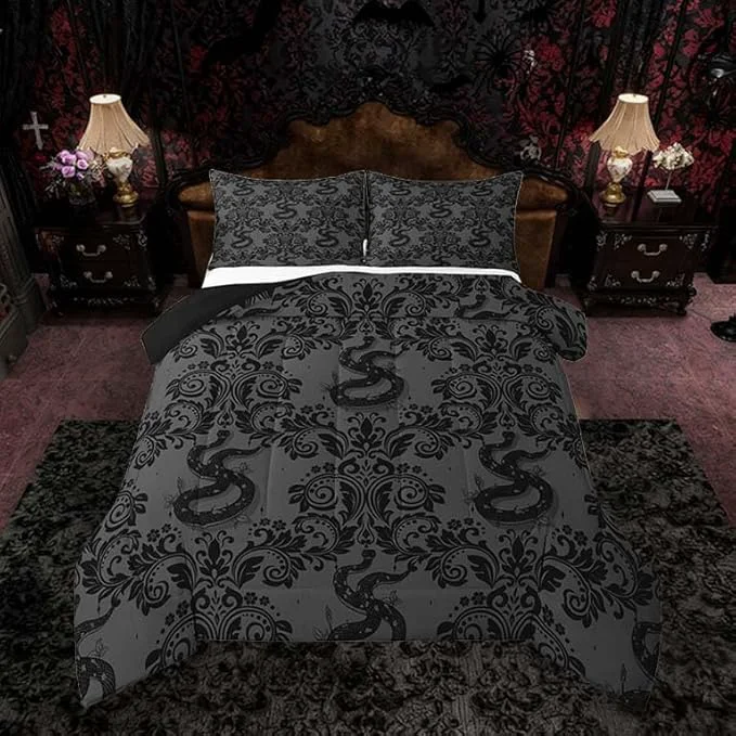 Easy-to-Use Feelyou Adults Gothic Bedding Set Soft for Boys Girls Dark Olive Green Damask Comforter Set Queen Size Snake Duvet Quilt Microfiber Bedroom Decor 3 Pcs with 2 Pillow Cases Casual