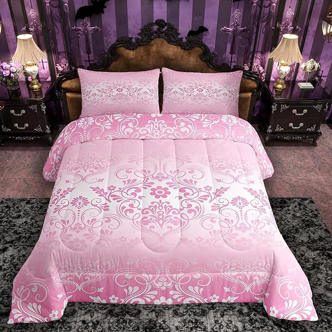 Crafted Feelyou Adults Pink Vintage Damask Floral Comforter Set Oriental Antique Comforter Twin Size Gothic Bohemia Boho Flower Bedding Set Bohemian Exotic Duvet Set Quilt Set 2Pcs Excellent