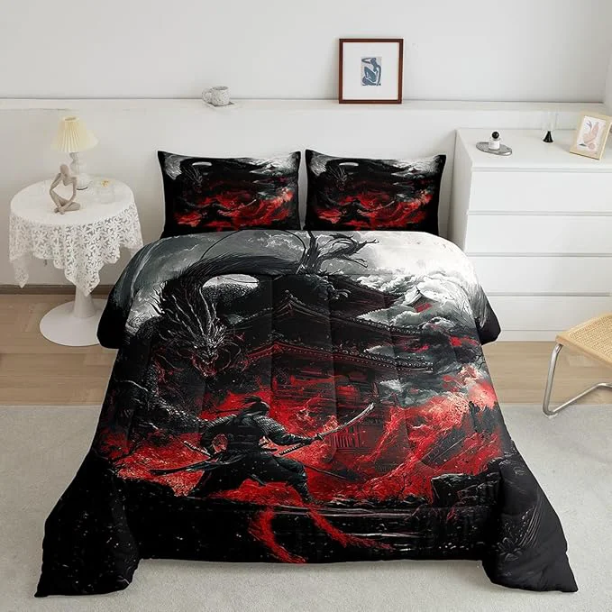 Premium Material Feelyou Dragon Comforter Set Queen Size Japanese Style Comforter for Boys Girls Teens Samurai Bedding Set Dragon Decor Duvet Set Room Decor Black Red Quilt Set Prestigious