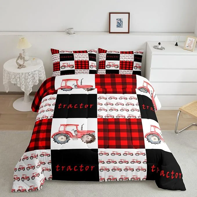 Next-Generation Erosebridal Tractor Bedding Set Red Tractor Comforter for Boys Kids Girls Teens Equipment Truck Comforter Set King Buffalo Plaid Down Comforter Farmhouse Harvester Grid Quilt Set Black Consistent