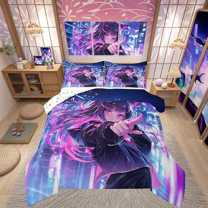 Clean Erosebridal Kids Anime Girl Queen Size Comforter Set Japanese Anime Bedding Set Cartoon Girl Quilt for Boys Teens Bedroom Decor Kawaii Japanese Animation Duvet Insert with 2 Pillow Cases Sophisticated