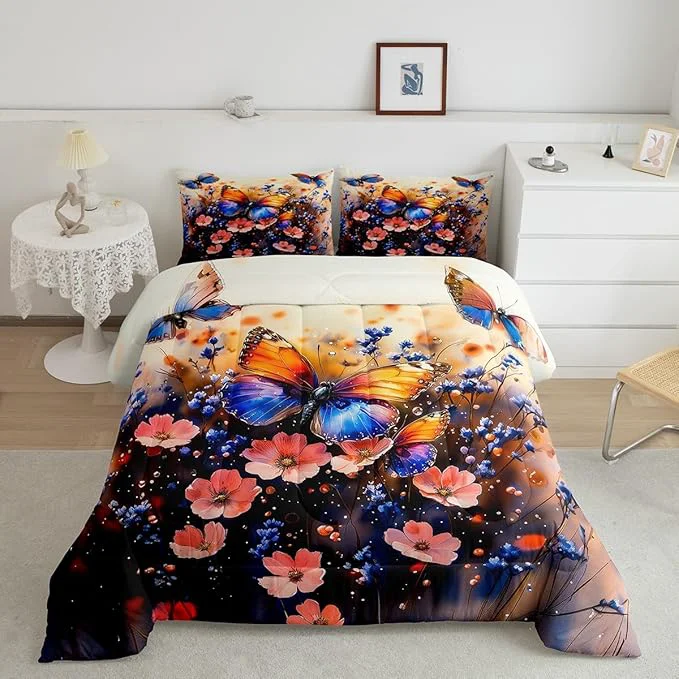 Versatile Feelyou Butterfly Comforter Set Queen Size Butterflies Print Comforter for Boys Girls Teens Animal Bedding Set Butterfly Floral Duvet Set Room Decor Blue Purple Quilt Set Consistent