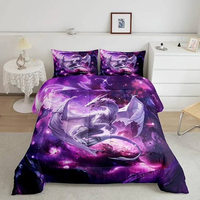 Fine Dragon Galaxy Comforter Set King Size Western al Wildlife Bedding Set for Kids Boys Teens Adults Room Decor Outer Space Animal Duvet Insert 3Pcs Star Glitter Fantasy Quilt Set 2 Pillowcases Long-Lasting