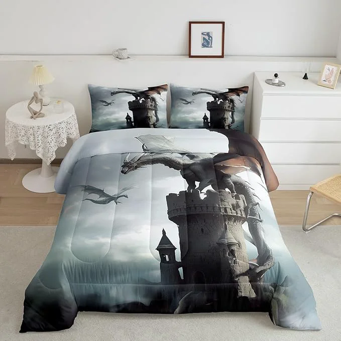 Versatile Flying Dragon Comforter Set King Size Grey Sky Vintage Old Castle Printed Bedding Set for Kids Boys Girls Room Decor 3D Wild Animal Theme Duvet Insert 3Pcs Retro Microfiber Quilt Set 2 Pillowcases Easy-to-Use