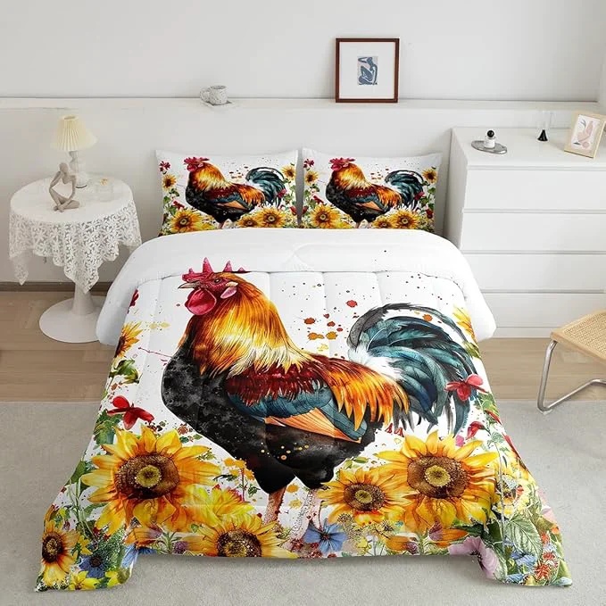 Outstanding Erosebridal Sunflower Comforter Set King Size Chicken Bedding Set Yellow Floral Down Comforter Watercolor Botanical Chick Animal Red Rooster Duvet Set Tie Dye Quilted Duvet Bedroom Decor Effective