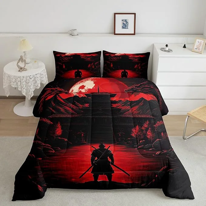 Environmentally Friendly Feelyou Dragon Comforter Set Queen Size Japanese Style Comforter for Boys Girls Teens Samurai Bedding Set Sunset Duvet Set Room Decor Red Black Quilt Set Easy-to-Use