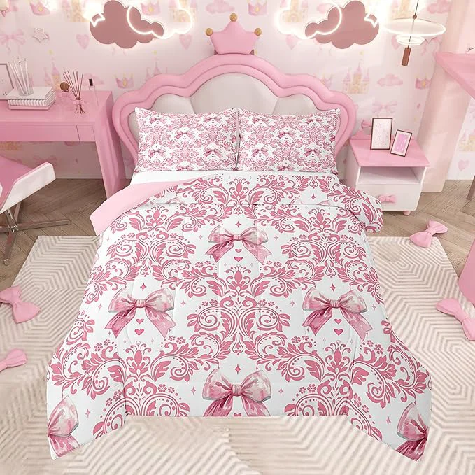 Eco-Friendly Feelyou Girls Pink Bowknot Comforter Set Full Size Goth Damask Comforter Victorian-Themed Bedding Set Baroque Duvet Set Vintage Floral Quilt Set 3Pcs Premium Material