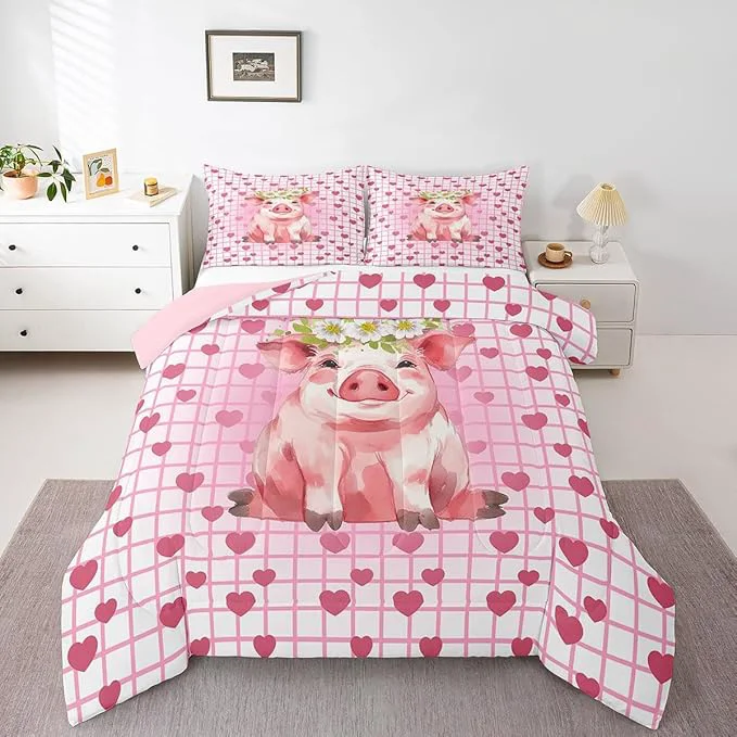 Refined Cute Pig Bedding Set Full Cherry Blossoms Comforter Set For Girls Kids Cartoon Pet Animal Duvet Set Pink Grid Heart Pattern Lattice Quilted Duvet Farmhouse Bedding Comforters All Season Crafted