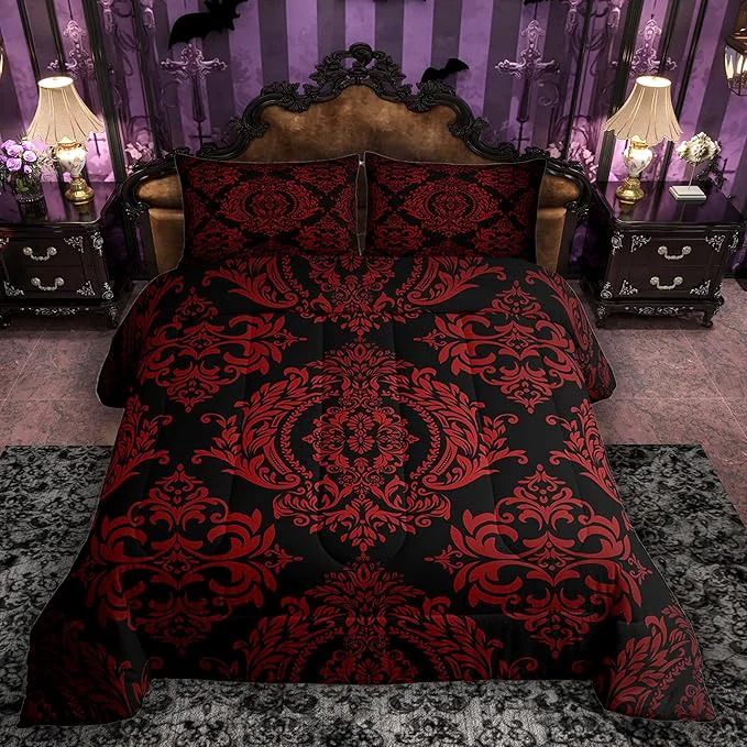 Fast Feelyou Adults Red Vintage Damask Floral Comforter Set Oriental Antique Comforter Twin Size Gothic Bohemia Boho Flower Bedding Set Bohemian Exotic Duvet Set Quilt Set 2Pcs Consistent