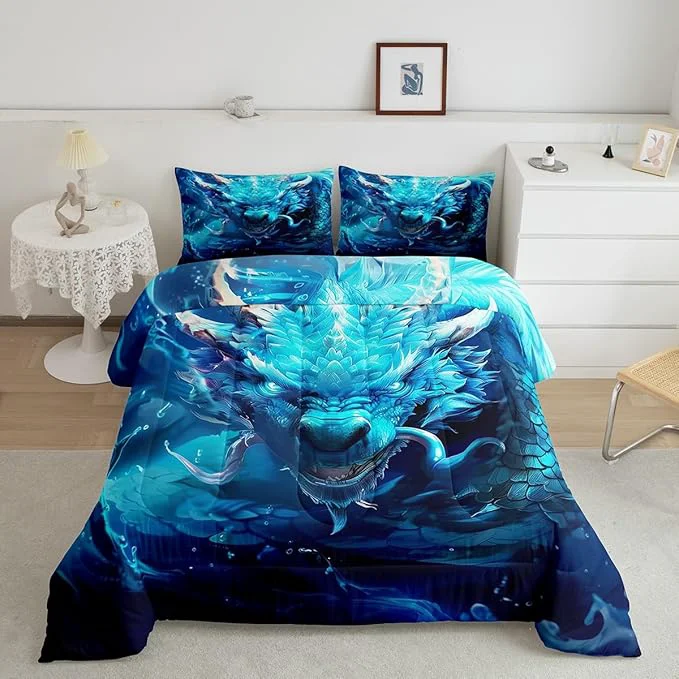 Green 3D Dragon Comforter Set King Size Western al Dragon Gothic Bedding Set for Kids Boys Teens Men Room Decor Waterdrop Nature Animal Duvet Insert 3Pcs Wildlife Retro Quilt Set 2 Pillowcases Efficient