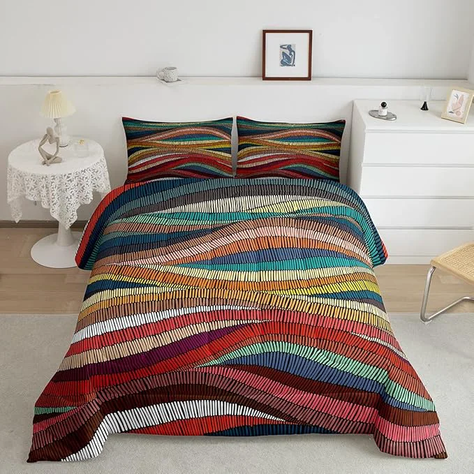 Premium Boho Comforter Set Queen Bohemian Wavy Bedding Rainbow Embroidered Waves Bedding Comforter Sets Geometric Tribal Ethnic Bedroom Decor Colorful Abstract Lightweight Duvet Insert for Adult Expertly Made