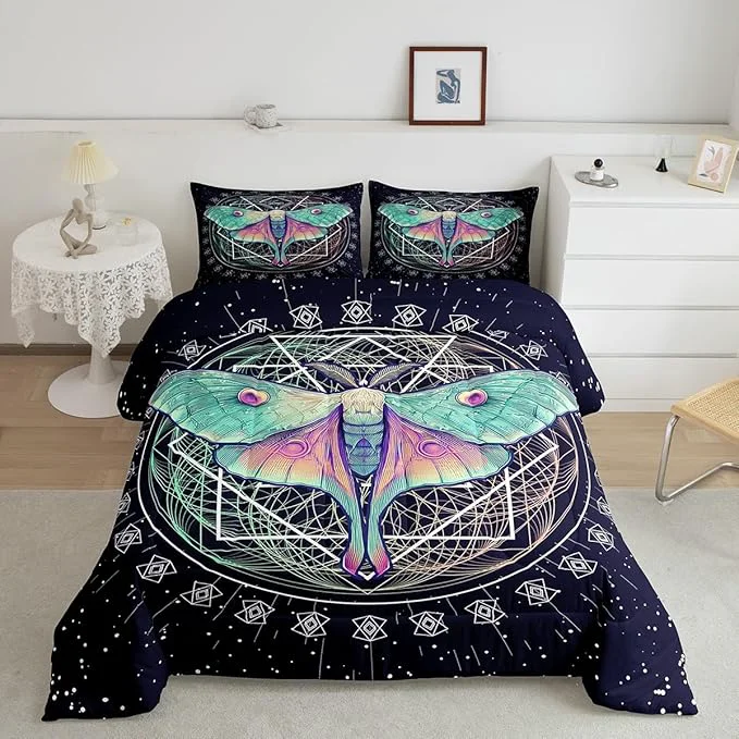 Smooth Erosebridal Moth Butterfly Bedding Full Size Gothic Decor Down Geometric Comforter Duvet Set for Kids Boys Girls Teens Room Dorm Decorative Navy Blue Crafted