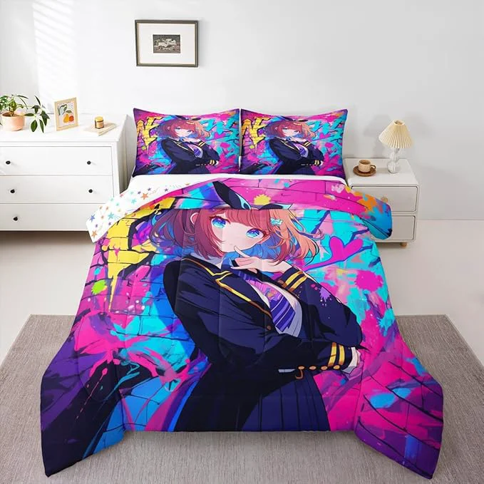 Genuine Erosebridal Girls Japanese Anime Comforter Set Toddler Kawaii Anime Girl Bedding Set Cartoon Girl Duvet Insert for Kids Teens Adult Japanese Animation Sci Fi Style Quilt with 1 Pillow Case Luxury