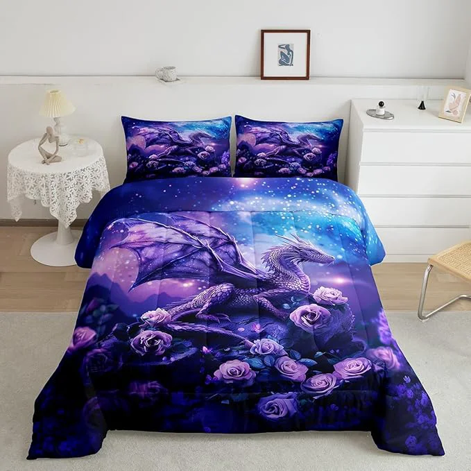 High-End Dragon Comforter Set King Size Purple Nebula Galaxy Bedding Set for Kids Boys Girls Room Decor Starry Sky Rose Flower Duvet Insert 3Pcs Western al Dragon Microfiber Quilt Set 2 Pillowcases Sophisticated