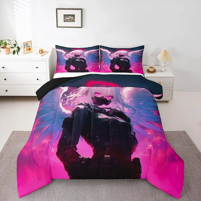 Lightweight Erosebridal Queen Japanese Anime Comforter Set Anime Girl Bedding Set for Kids Girls Teens Men Bedroom Cartoon Girl Quilt Kawaii Japanese Animation Duvet Insert 3 Piece with 2 Pillow Cases Authentic