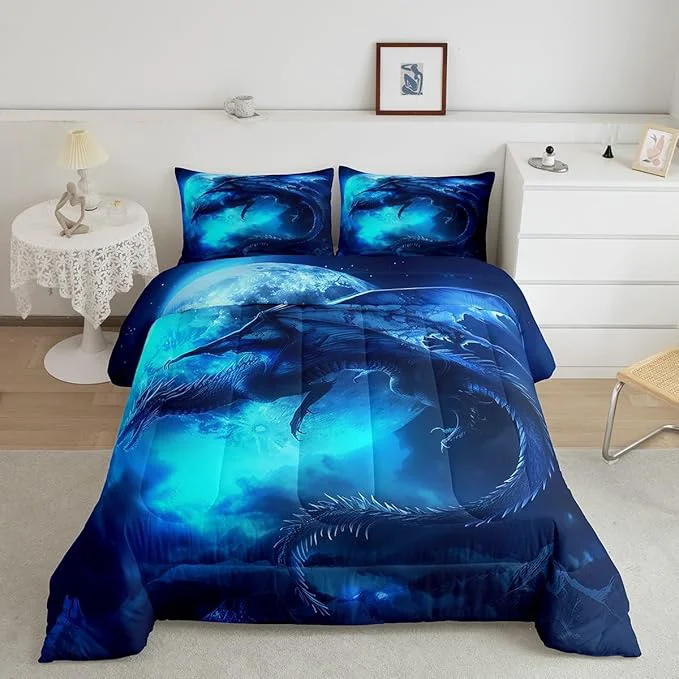 Convenient Dragon Moon Comforter Set King Size Wildlife al Dinosaur Bedding Set for Kids Boys Girls Room Decor 3D Blue Dragon Printed Duvet Insert 3Pcs Microfiber Soft Trippy Quilt Set 2 Pillowcases Breathable