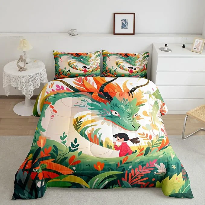 Smooth Dragon Cute Girl Comforter Set Full Size Cartoon Floral Green Weed Bedding Set for Kids Boys Teens Room Decor Watercolor Fantasy Quilt Set Colorful Flower Animals Duvet Insert 3Pcs 2 Pillowcases Comfortable