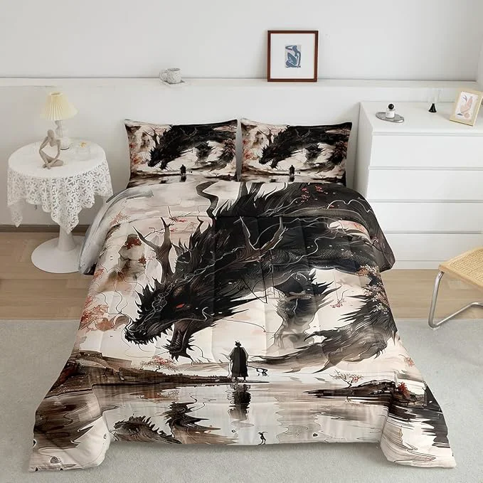 Selected Feelyou Dragon Comforter Set King Size Japanese Style Comforter for Boys Girls Teens Samurai Bedding Set Japanese Ukiyoe Duvet Set Room Decor Black Beige Quilt Set Crafted