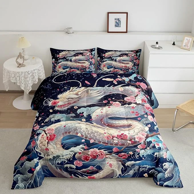 Superior Dragon Comforter Set King Size Pink Cherry Blossom Japanese Ukiyoe Bedding Set 3Pcs Kids Girls Boys Teens Room Decor Ocean Sea Wave Quilt Set Western Wildlife White Dragon Duvet Insert 2 Pillowcases Contemporary