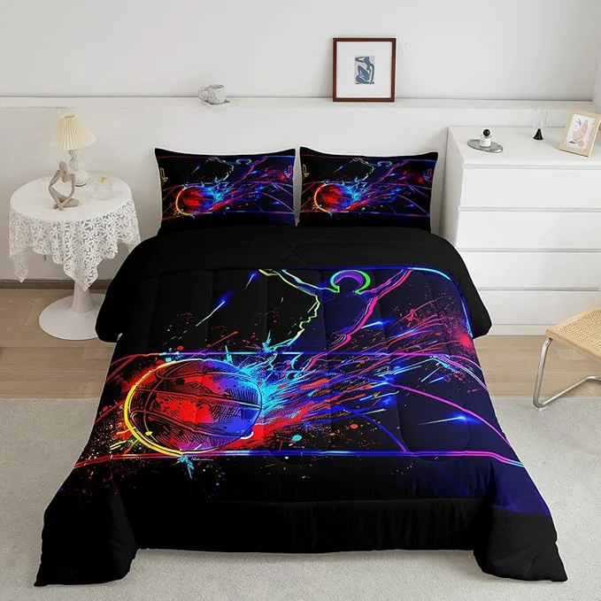 Secure Erosebridal Basketball Comforter Set Twin 3D Sports Bedding Sets for Boys Teens Kids Men Tie Dye Fire and Ice Comforter Player Sport Game Warm Soft Lightweight Red Blue Quilt Set Black Natural