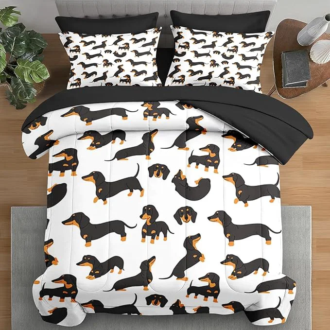 Minimalist Comforter Set Queen Size Dog Family Animal 7 Pcs Bedding for Kids and Adults Happy Cute Dachshund Bed Sheet Sets with Fitted Sheet 2 Pillowcases amp 2 Shams for Bedroom Bed Decor Green
