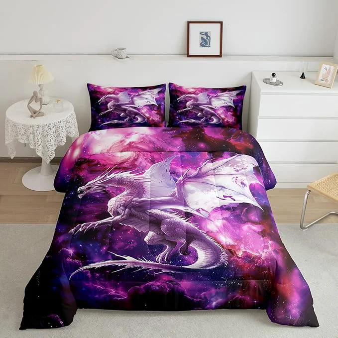 World-Class Flying Dragon Bedding Set Full Size Galaxy Outer Space Comforter Set for Kids Boys Teens Adults Room Decor Starry Sky Western al Animal Duvet Insert 3Pcs Nebula Glitter Quilt Set 2 Pillowcases Smooth