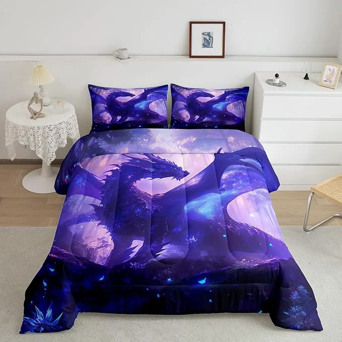Exclusive Feelyou Dragon Comforter Set - Toddler Size Jungle Dragon Bedding Set for Boys amp Girls - Purple Quilt Set with Wild Animal Duvet Set Natural