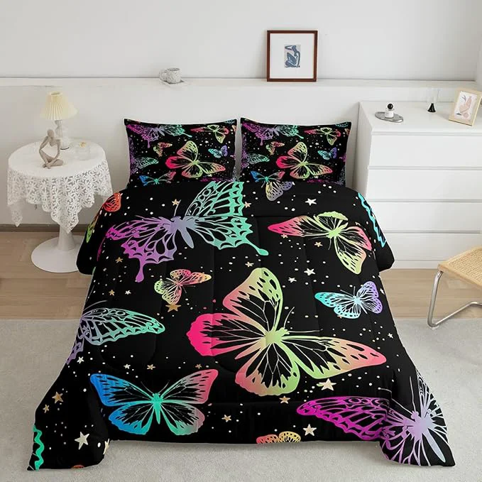 High-Grade Erosebridal Butterfly Comforter Set Queen Starry Sky Galaxy Colorful Ombre Butterflies Bedding Sets for Kids Girls Teens Women Cartoon Bedding Comforters amp Sets Room Decor with 2 Pillow Cases Dependable