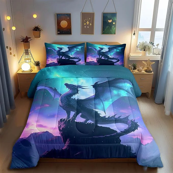 Outstanding Dragon Comforter Set Queen Size Blue Purple Nebula Galaxy Bedding Set for Kids Boys Girls Room Decor Mountain Wildlife Nature Duvet Insert 3Pcs Western al Dragon Soft Quilt Set 2 Pillowcases High-Performance