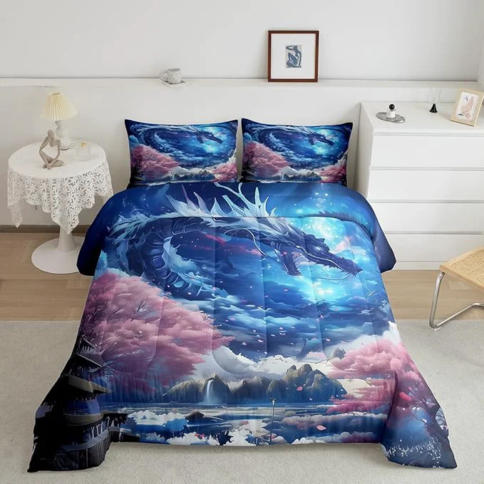Versatile Dragon Comforter Set Pink Cherry Blossom Printed Bedding Set Queen Size 3Pcs Kids Boys Girls Room Decor Starry Sky Mountains Quilt Set Western al Style Animals Theme Duvet Insert 2 Pillowcases Detailed