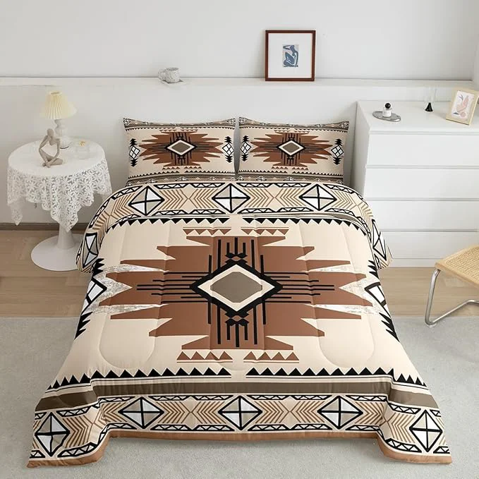 Certified Feelyou Boho Comforter Set Queen Size Southwest Native American Design Comforter Southwestern Geometric Bedding Set Western Decor Duvet Set Beige Brown Quilt Set Safe