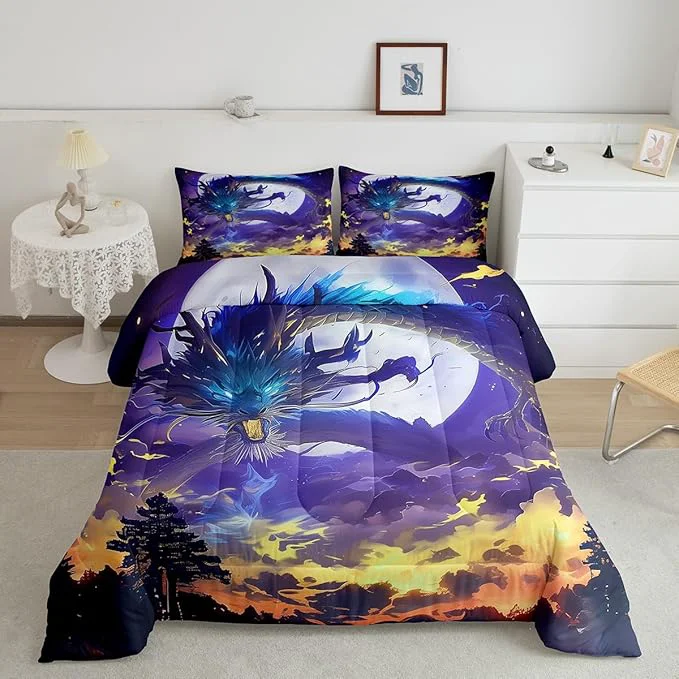 Next-Generation Fire Dragon Comforter Set Full Size Moon Starry Sky Bedding Set 3Pcs Kids Boys Girls Room Decor Fantasy Style al Animals Theme Quilt Set Volcano Purple Nebula Printed Duvet Insert 2 Pillowcases Lightweight