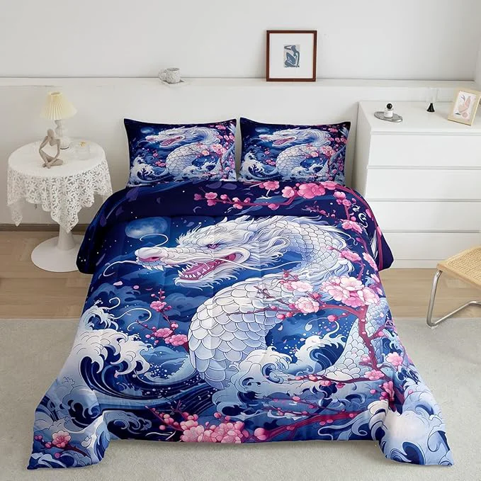 First-Class Dragon Comforter Set King Size Japanese Style Pink Cherry Blossom Bedding Set 3Pcs Kids Girls Boys Teens Room Decor Blue Sea Waves Quilt Set al Wild Animals Duvet Insert 2 Pillowcases Pure