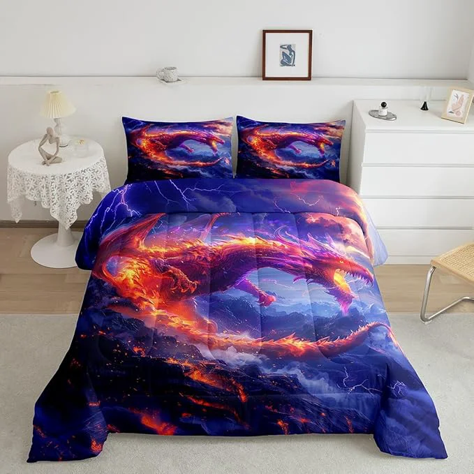 Traditional Fire Dragon Comforter Set Full Size Galaxy Starry Sky Flame Dragon Bedding Set 3Pcs Kids Girls Boys Teens Home Decor Western al Style Quilt Set Lightning Wild Animals Duvet Insert 2 Pillowcases Powerful
