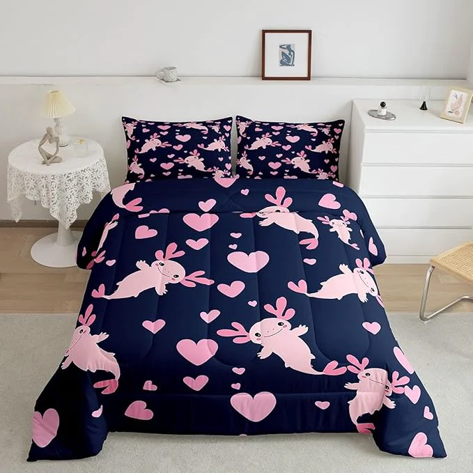 Innovative Feelyou Axolotl Comforter Set Full Size Heart Comforter for Boys Girls Teens Cute Axolotl Bedding Set Cartoon Salamander Duvet Set Room Decor Navy Blue Pink Quilt Set Traditional