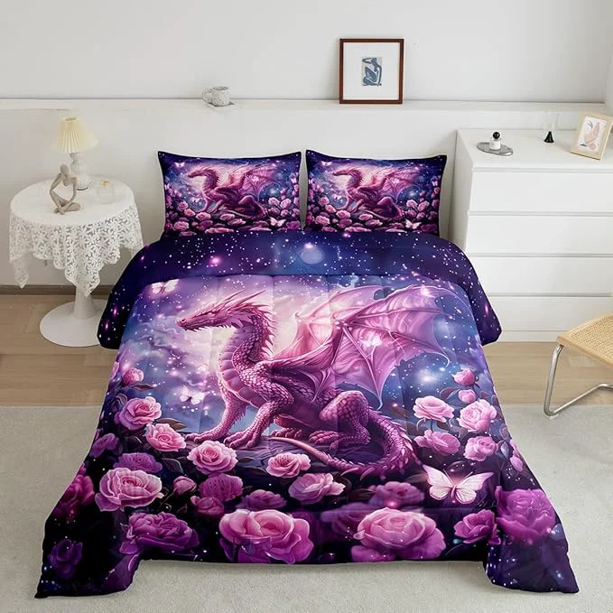 Genuine Pink Dragon Comforter Set Twin Size Glitter Starry Sky Fantasy Duvet Insert 2Pcs Rose Flower Galaxy Butterfly Bedding Set for Kids Boys Girls Room Decor Wild Animal Nature Quilt Set 1 Pillowcase Enhanced