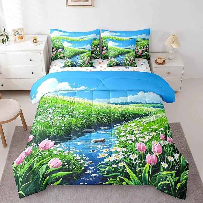 Fashionable jejeloiu Cute Anime Floral Bedding Set 7Pcs Twin Size Kids Tulip Floral Comforter Set with Sheets for Boys Girls Flower River Bed in a Bag Soft Lightweight Microfiber First-Class