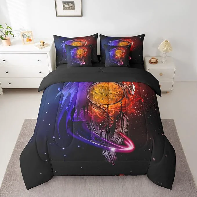 Convenient Erosebridal Gothic Dragon Dream Catchers Bed in a Bag Queen Comforter Set 7 Piece Red Blue Galaxy Bohemian Feather Bedding Sets Antique Animal Pterosaur Sheet Set with Comforter Excellent