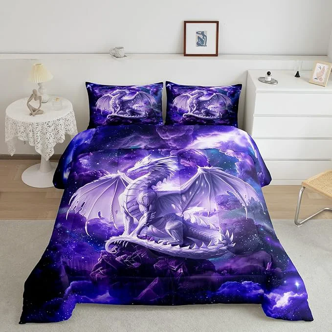 Exclusive 3D Dragon Comforter Set King Size Galaxy Starry Sky Bedding Set for Kids Boys Girls Room Decor Glitter Nebula Outer Space Duvet Insert 3Pcs Western al Animal Purple Quilt Set 2 Pillowcases Detailed