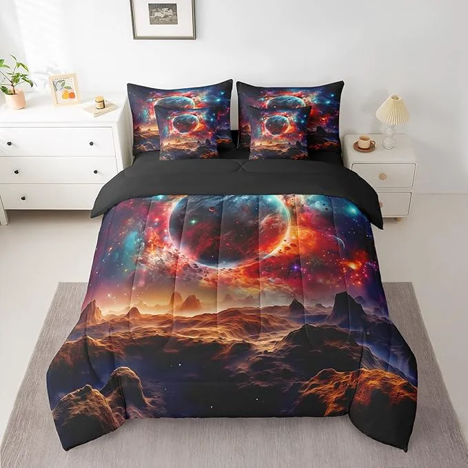 Artisan Erosebridal Planet Bed in a Bag Queen Comforter Set 7 Piece Sun Moon Galaxy Bedding Sets Universe Nebula Outer Space Sheet Set with Comforter Selected