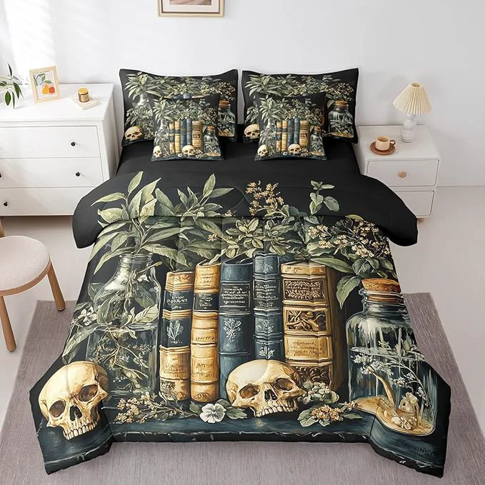 Sophisticated jejeloiu Dark Academia Bedding Set 7Pcs Queen Size Kids Skull Mystical Comforter Set with Sheets for Boys Girls Goth Bed in a Bag Soft Lightweight Microfiber Practical
