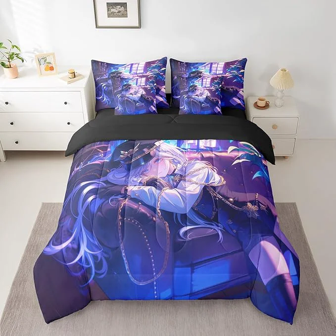 Fashionable Anime Girl Comforter Set With Sheets Queen Size Japanese Anime 7 Piece Bedding Set For Kids Boys Teens Women Bedroom Decor Cartoon Girl Bed In A Bag Japanese Animation Kawaii Bed Sets Purple Advanced
