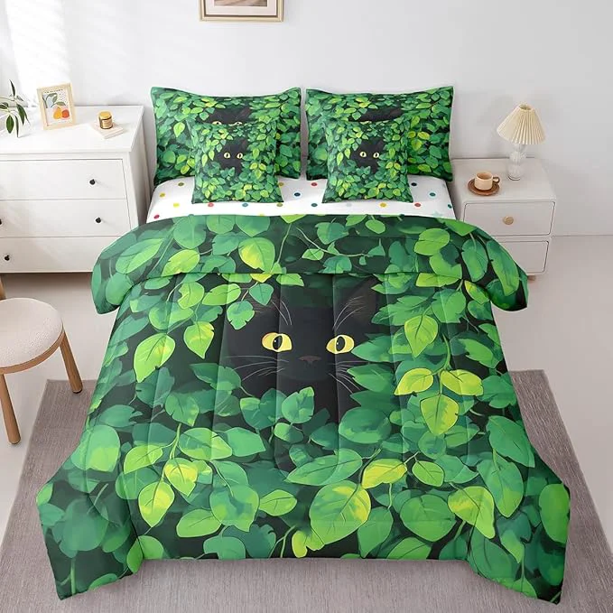 Fine Crafted jejeloiu Cute Cat Bedding Set 7Pcs Twin Size Kids Kawaii Kitten Comforter Set with Sheets for Boys Girls Green Plant Bed in a Bag Soft Lightweight Microfiber Excellent