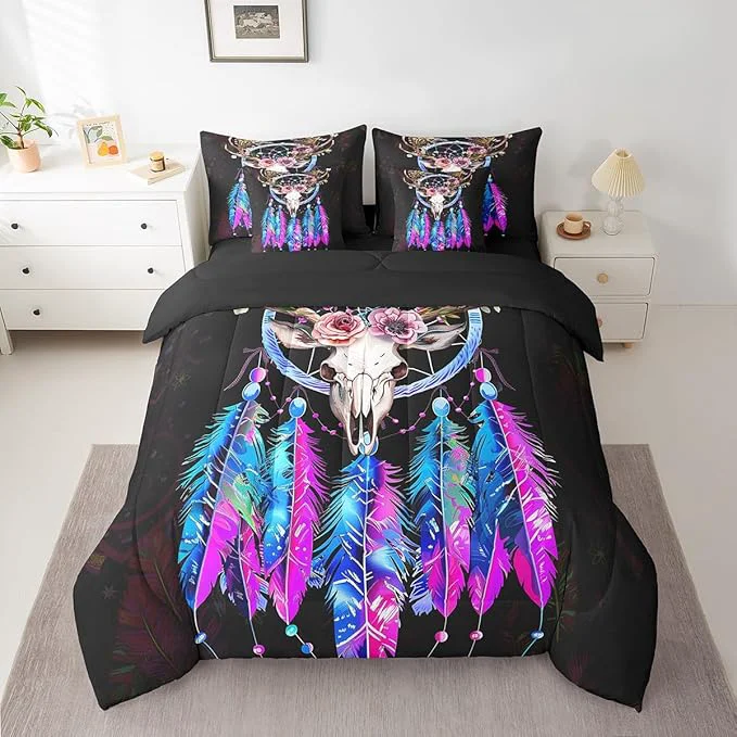 World-Class Erosebridal Bull Skull Bed in a Bag Queen Comforter Set 7 Piece Dream Catchers Bedding Sets Bohemian Dreamcatcher Feather Sheet Set with Comforter Luxury