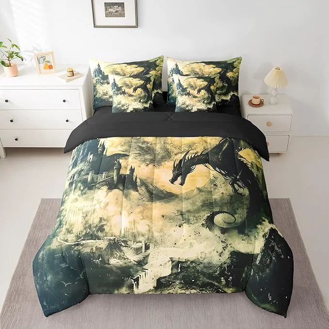 Crafted Erosebridal Gothic Dragon Comforter Set 7 Piece Bed in a Bag Twin Vintage Black Fantasy Castle Bedding Sets Prehistoric Antique Animal Sheet Set with Comforter Long-Lasting