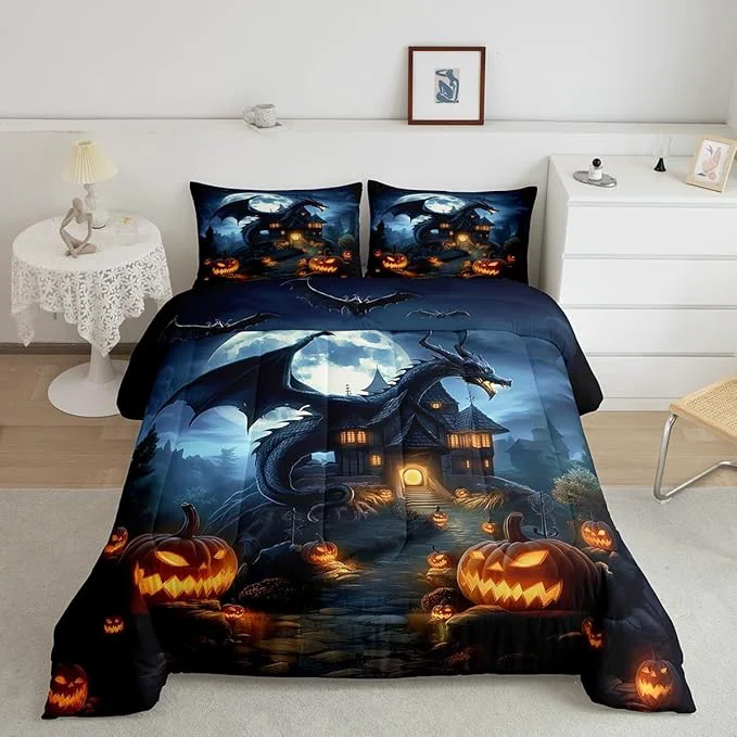 Refined Halloween Dragon Comforter Set Queen Size Pumpkin Wooden Cabin Bedding Set for Kids Boys Girls Room Decor Moonlight Bat Wild Animal Duvet Insert 3Pcs Western al Dragon Quilt Set 2 Pillowcases Original Design